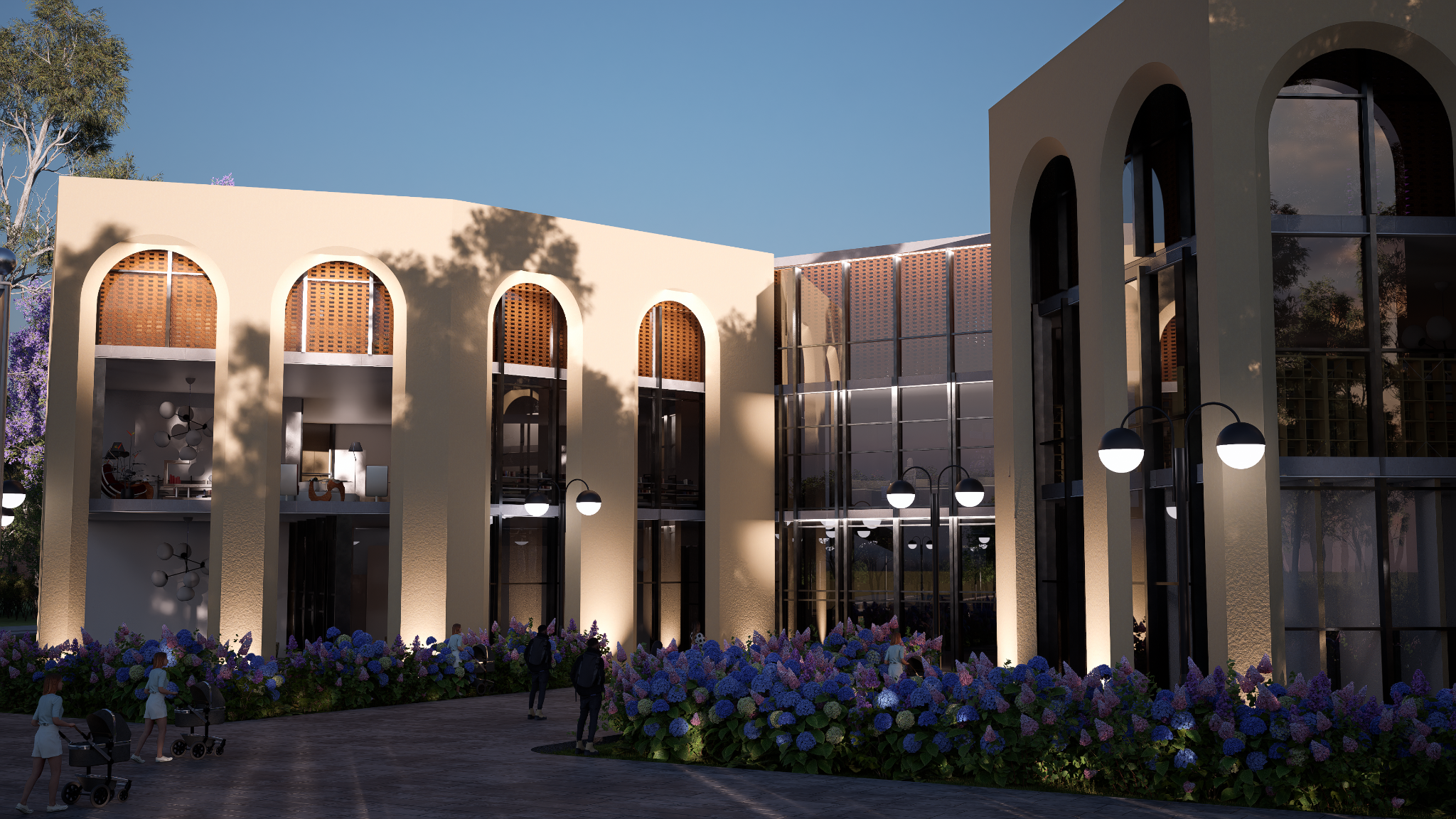 Render arquitectónico de fachada comercial